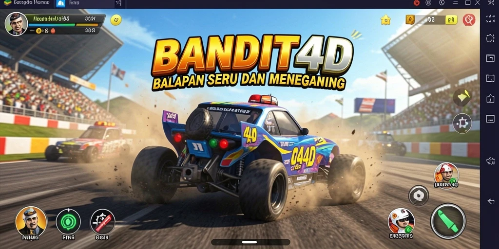 Gameplay menegangkan dalam BANDIT4D dengan kendaraan cepat dan trek beragam.