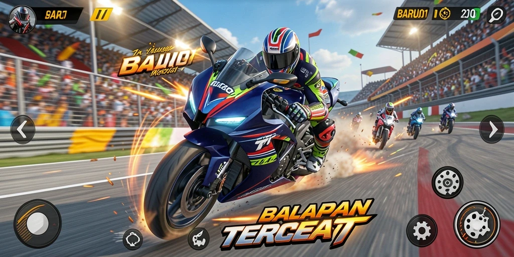 Tampilan gameplay yang menegangkan di trek balapan motor.