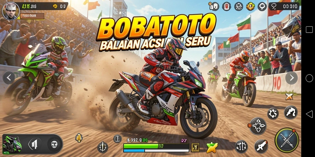 Gameplay seru BOBATOTO dengan balapan motor yang mendebarkan.