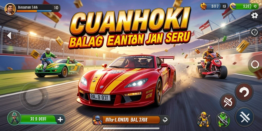 Tampilan gameplay yang mendebarkan di CUANHOKI dengan mobil balap yang cepat.