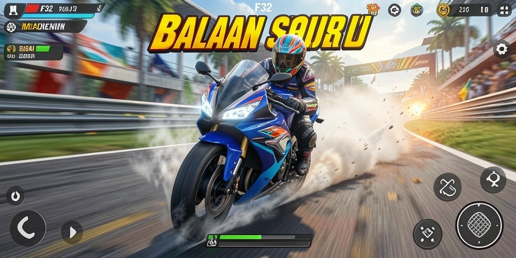 Tangkapan layar F32 menampilkan aksi balapan motor yang seru dan mendebarkan.