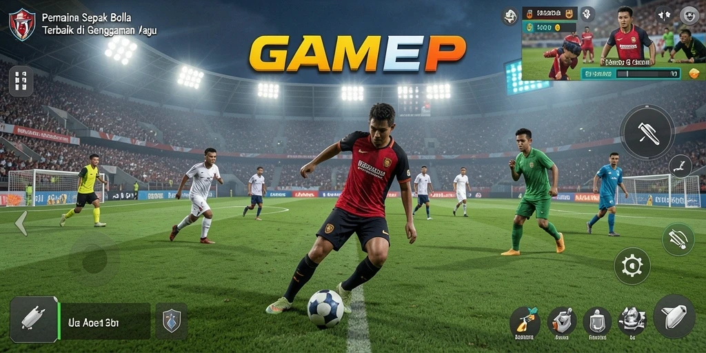 Tampilan gameplay GAMERP yang menampilkan aksi sepak bola seru.