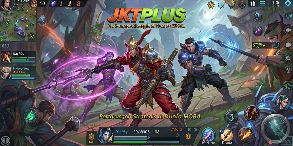 Menampilkan aksi seru dalam pertarungan MOBA JKTPLUS.