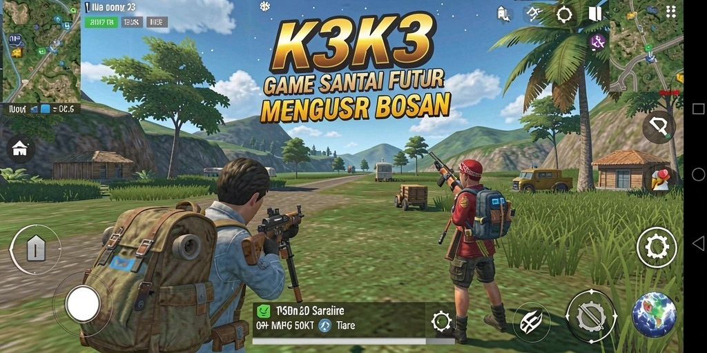 Tampilan gameplay K3K3 yang penuh warna dan ceria.
