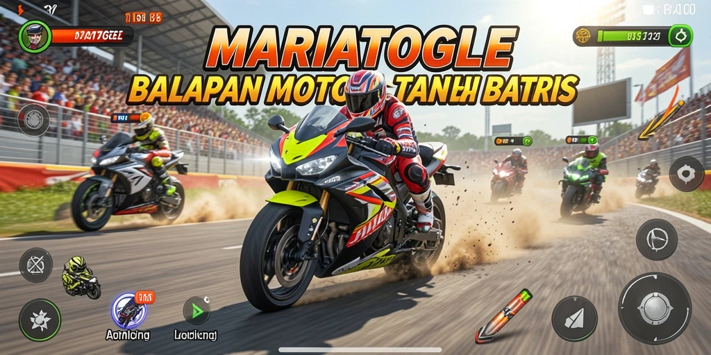 Screenshot gameplay MARIATOGEL yang menunjukkan aksi balapan motor yang seru.