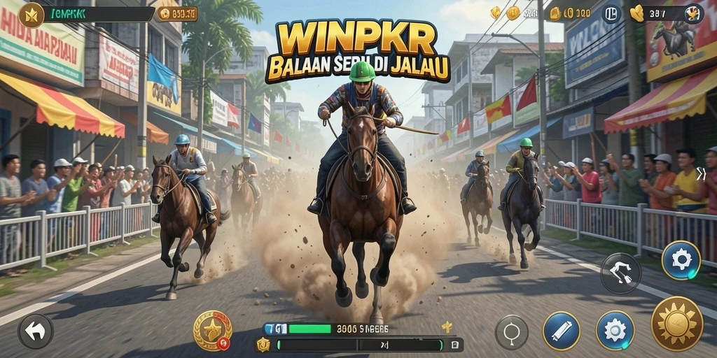 Gameplay intens balapan di WINPKR, menampilkan mobil dan trek menantang.