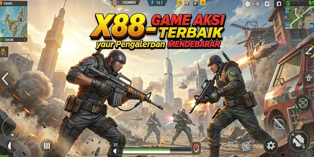 Screenshot X88 menampilkan karakter beraksi di tengah pertempuran seru.